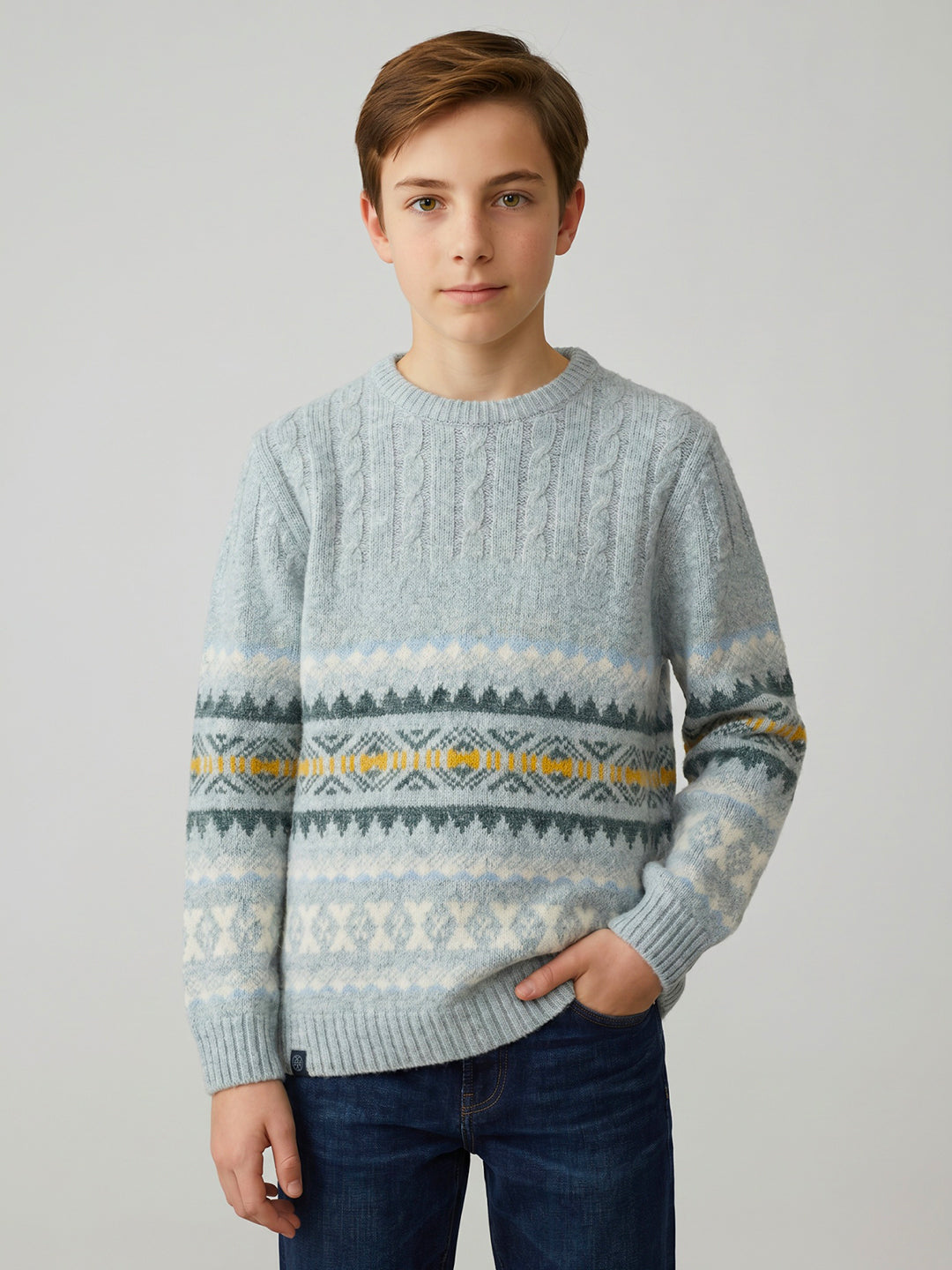 Boys Blue Jacquard Round Neck Full Sleeve Pullover