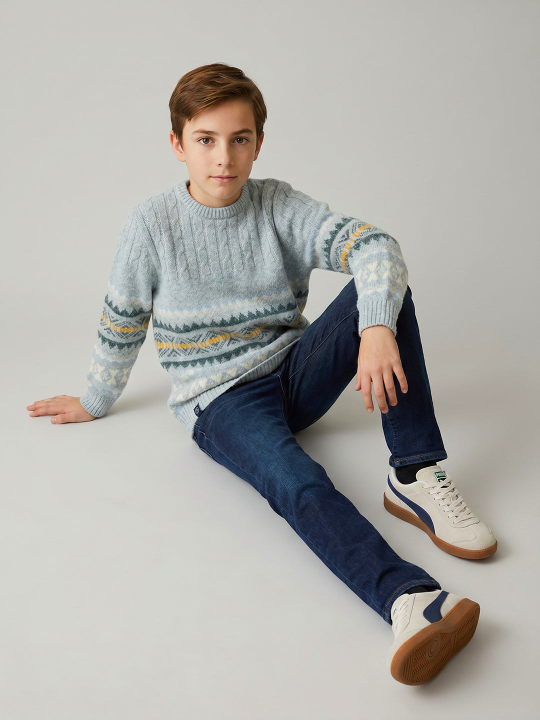Boys Blue Jacquard Round Neck Full Sleeve Pullover