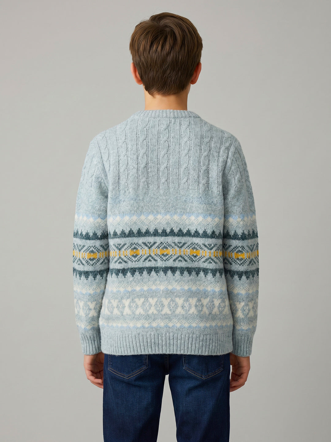 Boys Blue Jacquard Round Neck Full Sleeve Pullover