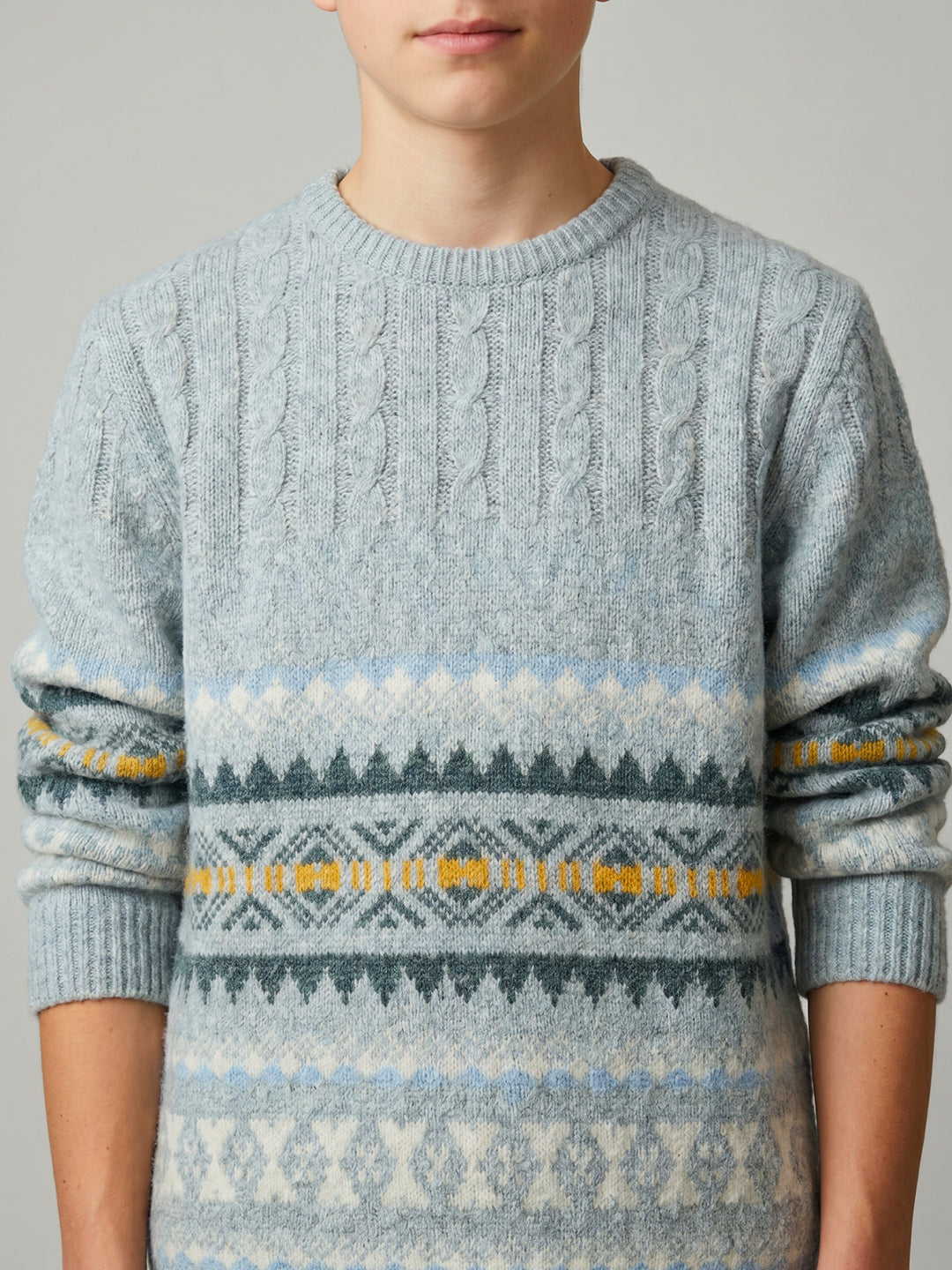 Boys Blue Jacquard Round Neck Full Sleeve Pullover