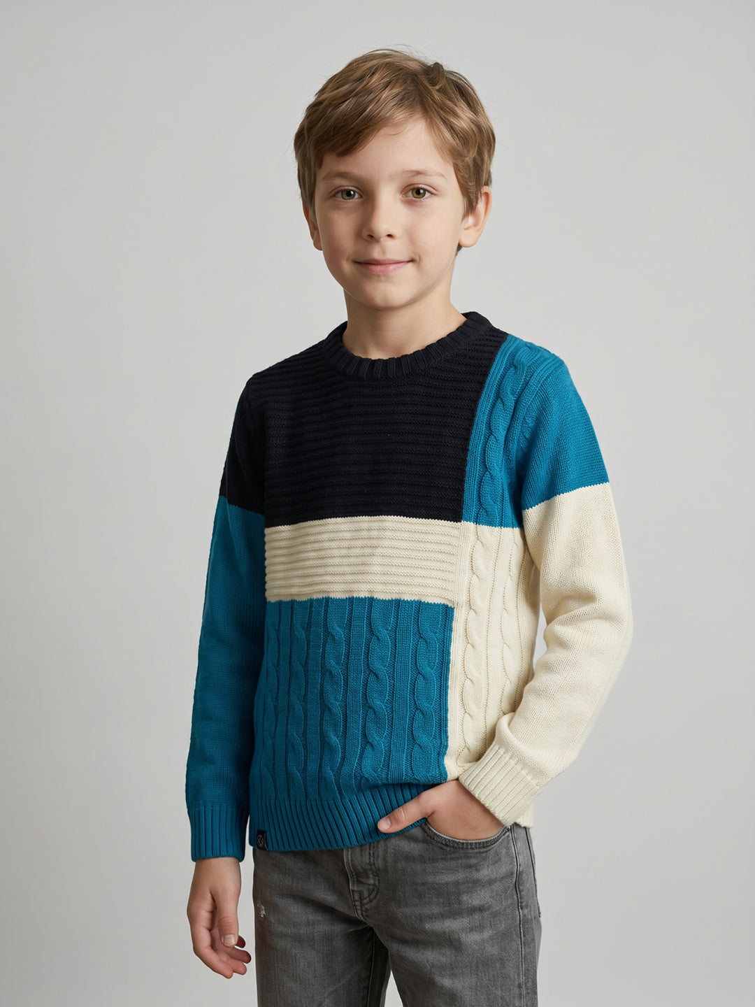 Boys Blue Self Design Round Neck Full Sleeve Pullover