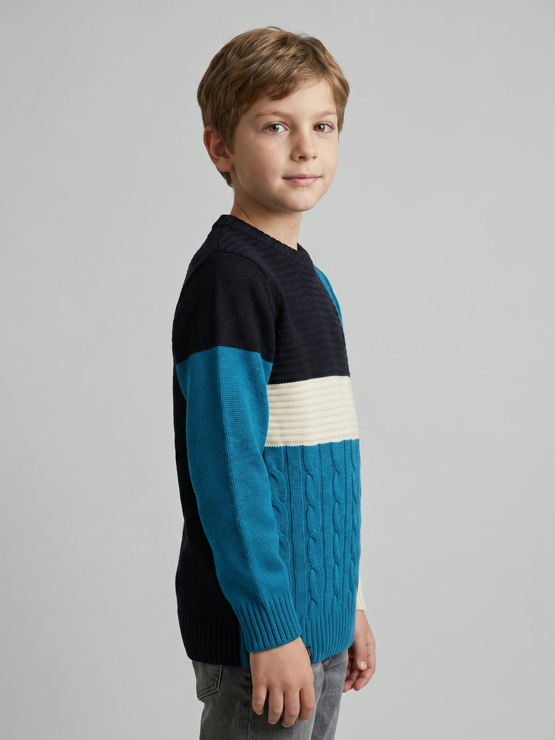 Boys Blue Self Design Round Neck Full Sleeve Pullover