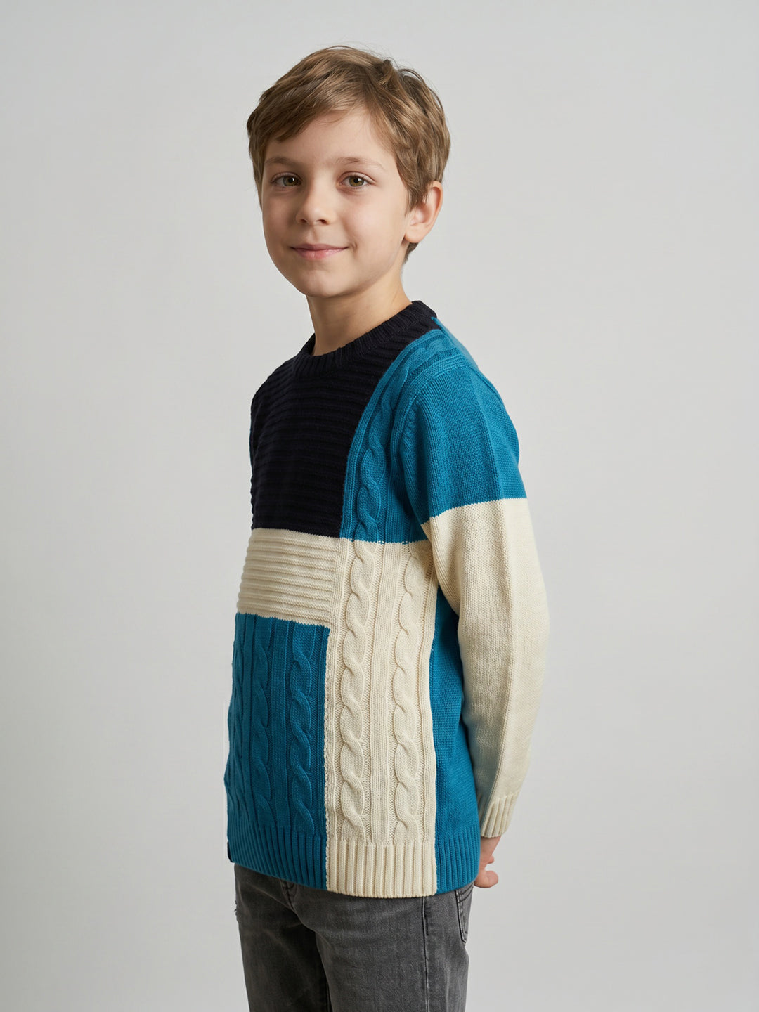 Boys Blue Self Design Round Neck Full Sleeve Pullover