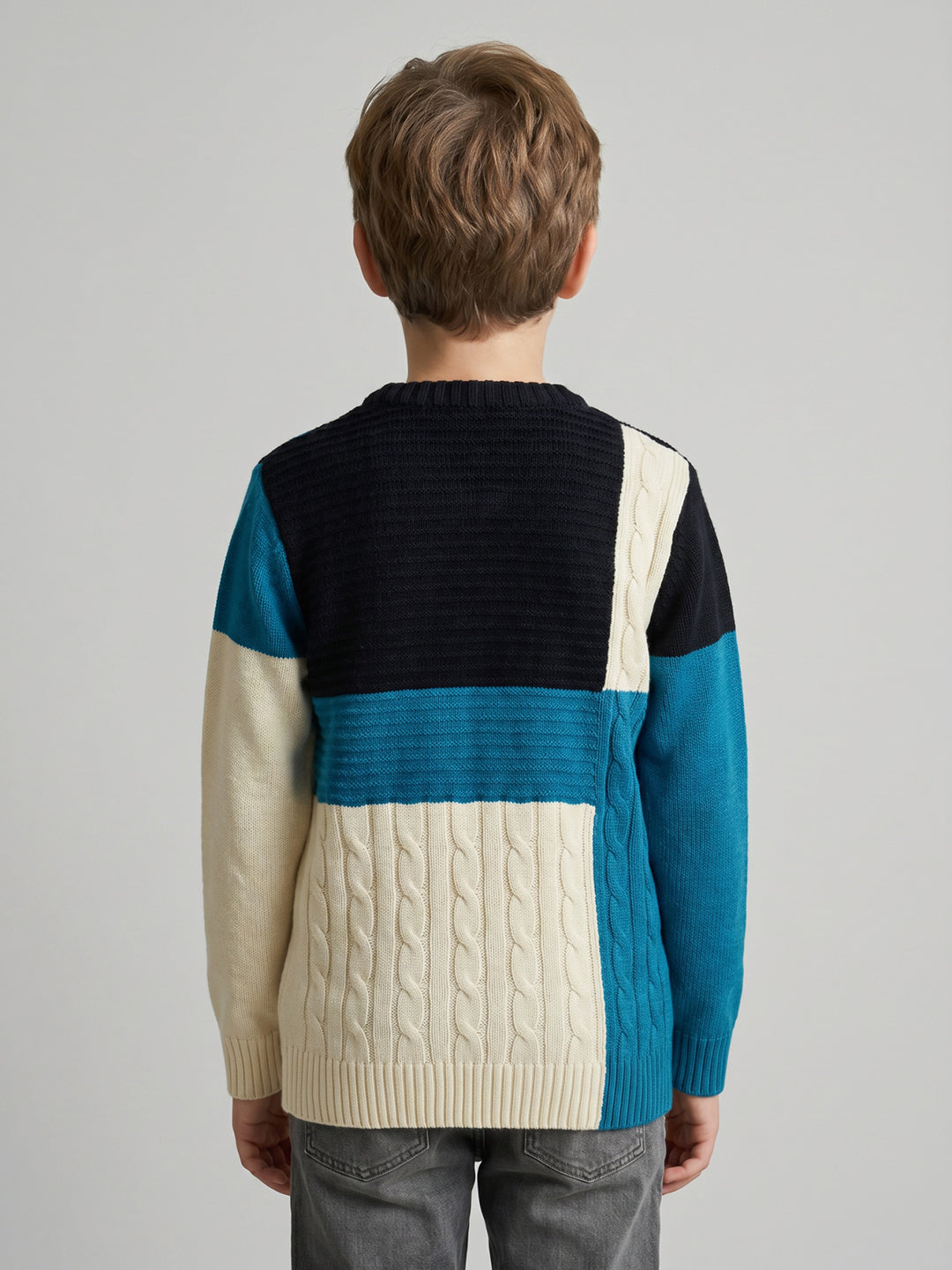 Boys Blue Self Design Round Neck Full Sleeve Pullover