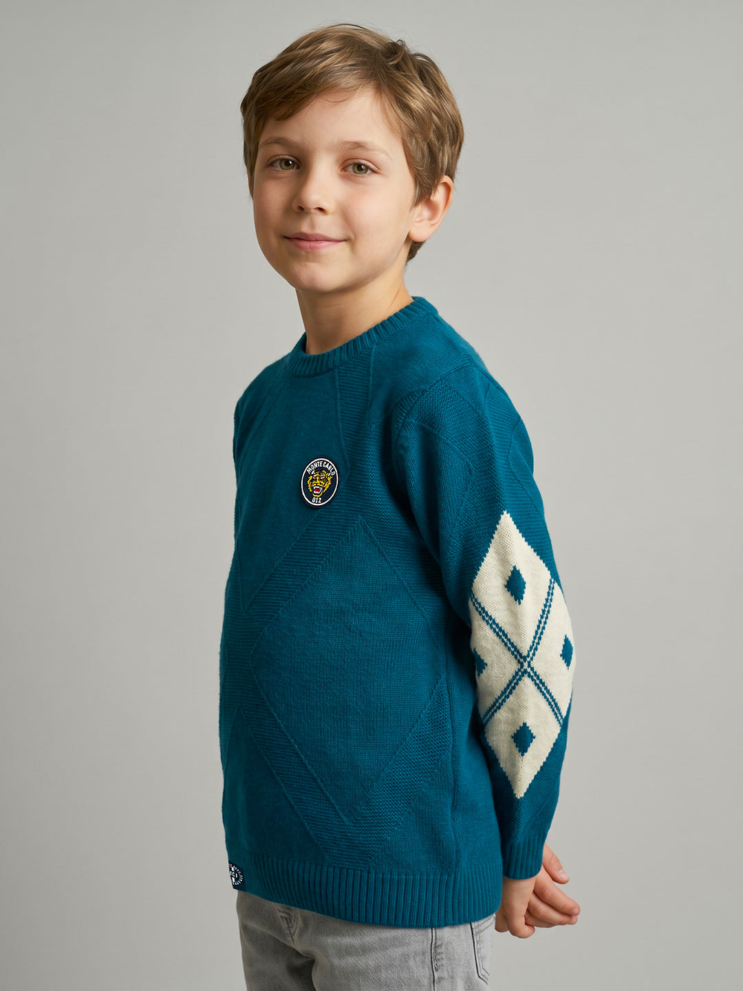 Boys Blue Jacquard Round Neck Full Sleeve Pullover