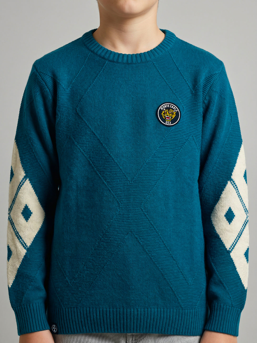 Boys Blue Jacquard Round Neck Full Sleeve Pullover