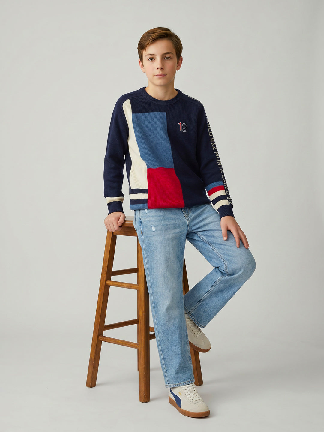 Boys Navy Blue Colourblocked Round Neck Full Sleeve Pullover