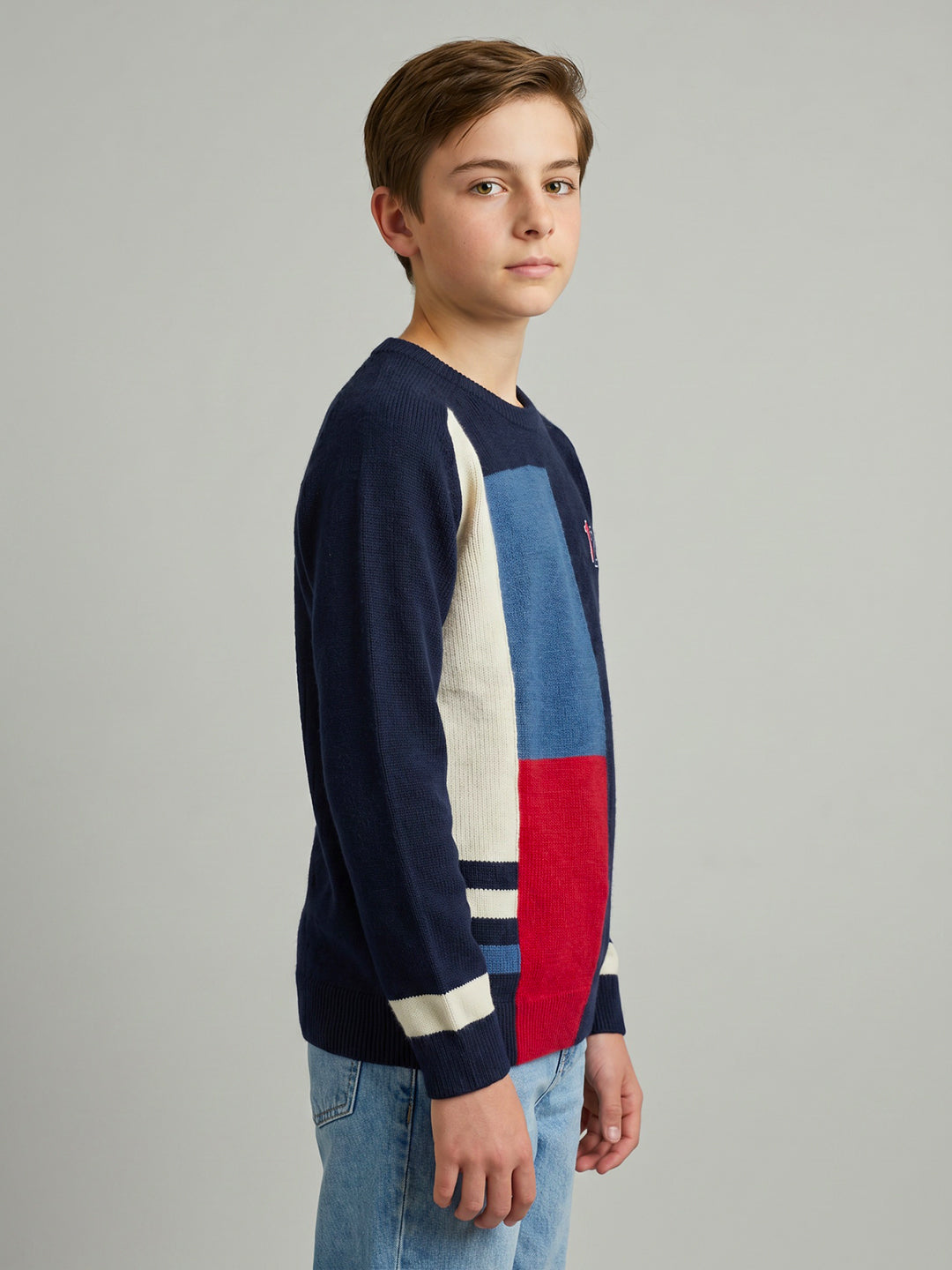Boys Navy Blue Colourblocked Round Neck Full Sleeve Pullover