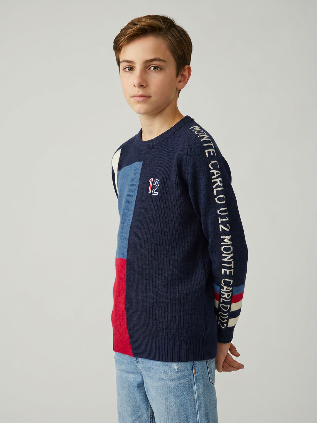 Boys Navy Blue Colourblocked Round Neck Full Sleeve Pullover