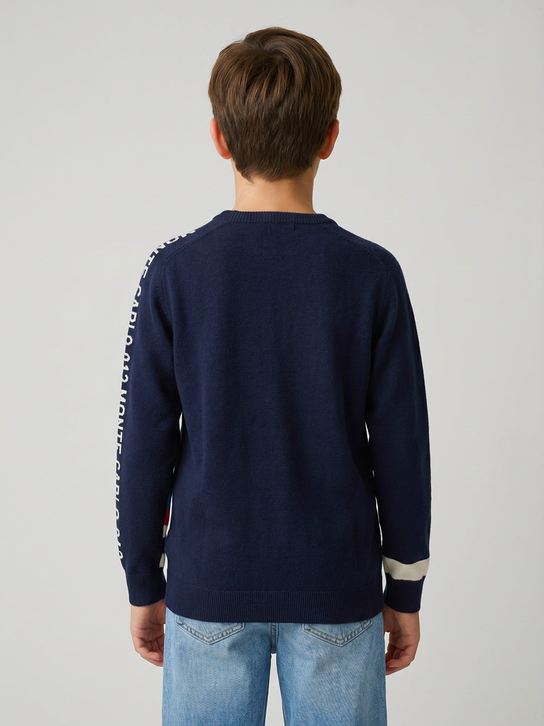 Boys Navy Blue Colourblocked Round Neck Full Sleeve Pullover
