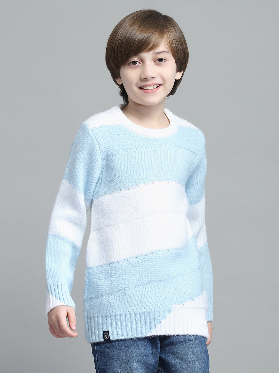 Boys Blue Self Design Round Neck Full Sleeve Pullover