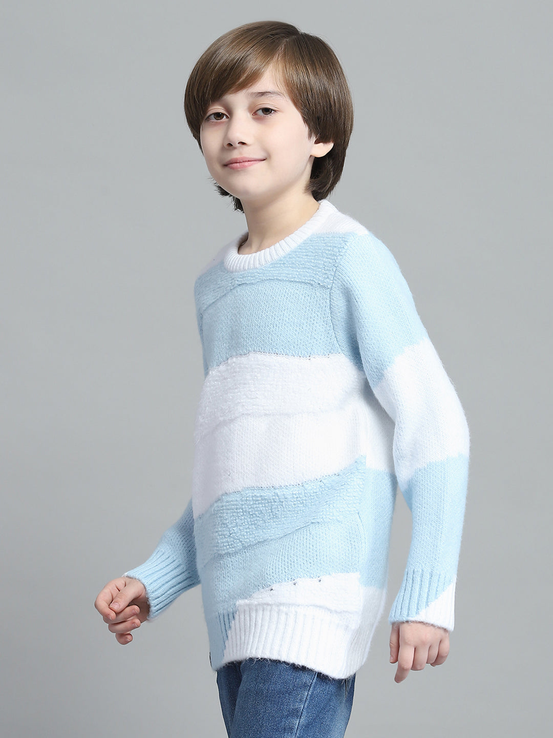 Boys Blue Self Design Round Neck Full Sleeve Pullover