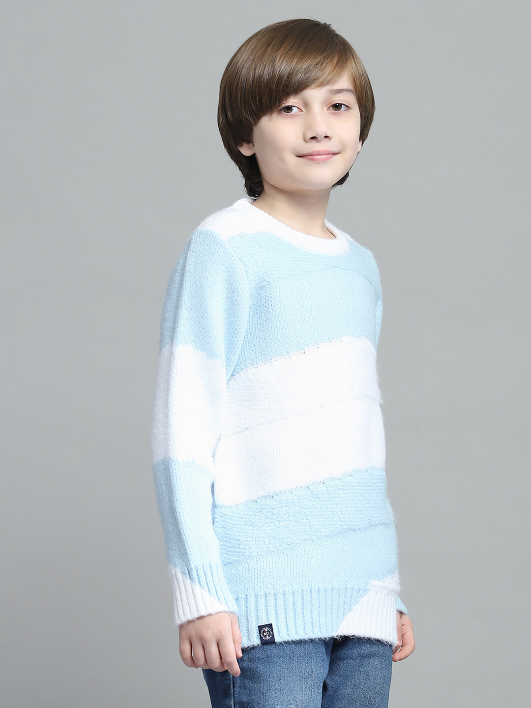 Boys Blue Self Design Round Neck Full Sleeve Pullover