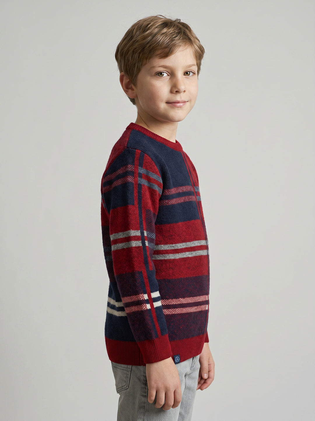 Boys Red Stripe Round Neck Full Sleeve Pullover
