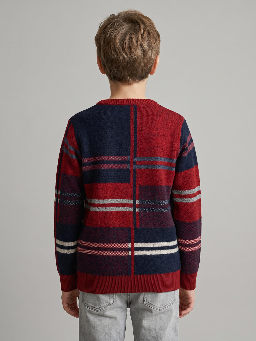 Boys Red Stripe Round Neck Full Sleeve Pullover