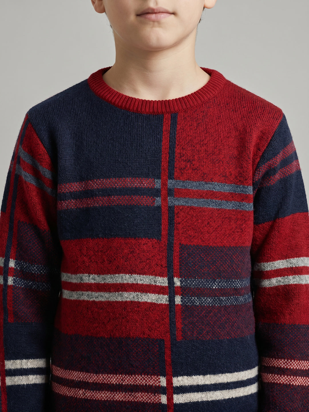 Boys Red Stripe Round Neck Full Sleeve Pullover