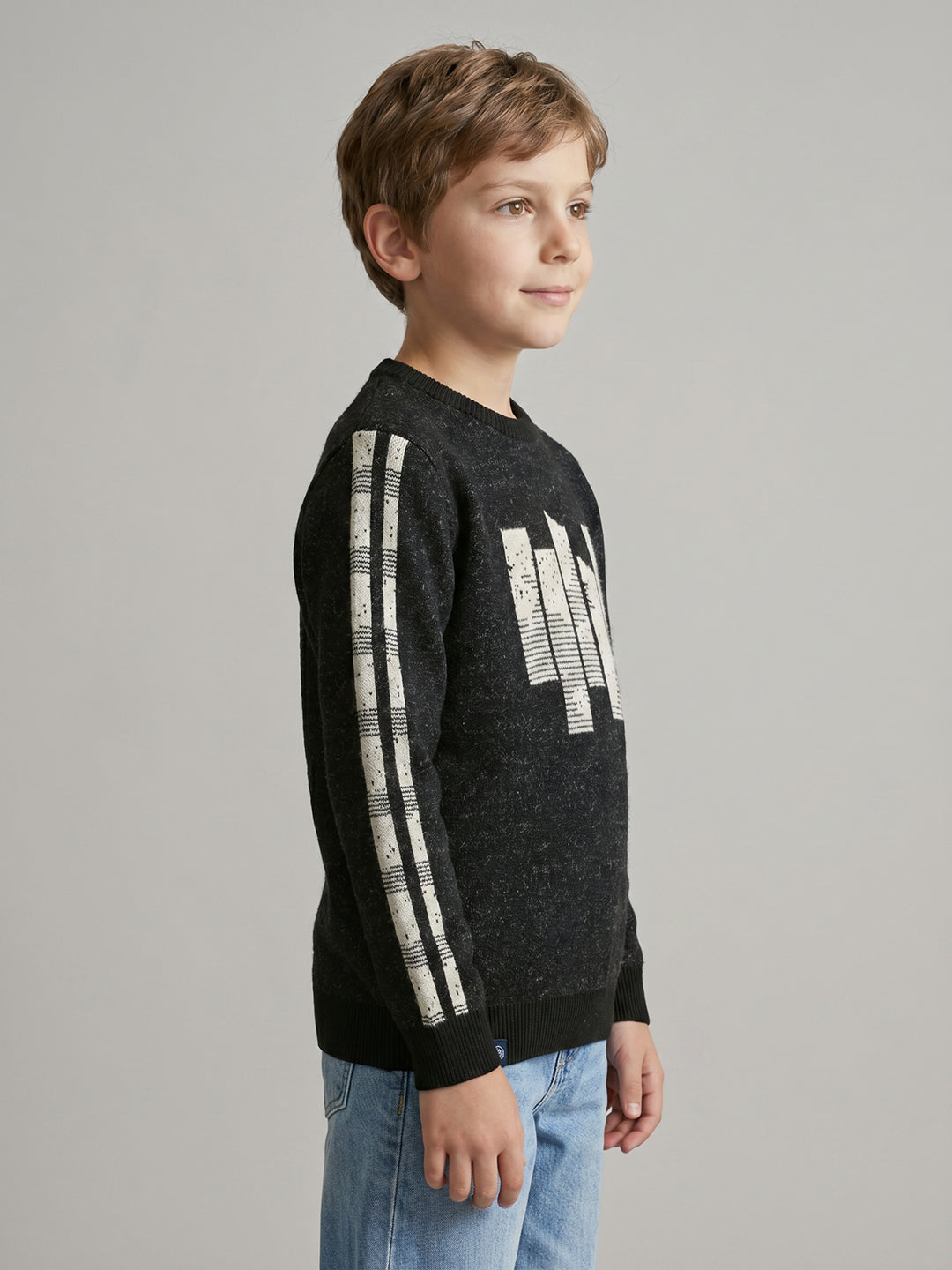 Boys Olive Jacquard Round Neck Full Sleeve Pullover