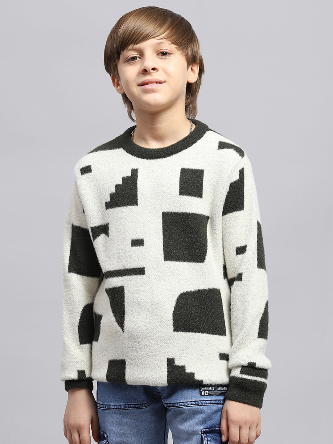 Boys White & Olive Printed Round Neck Full Sleeve Pullover