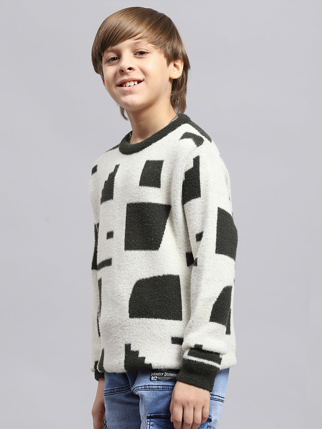 Boys White & Olive Printed Round Neck Full Sleeve Pullover