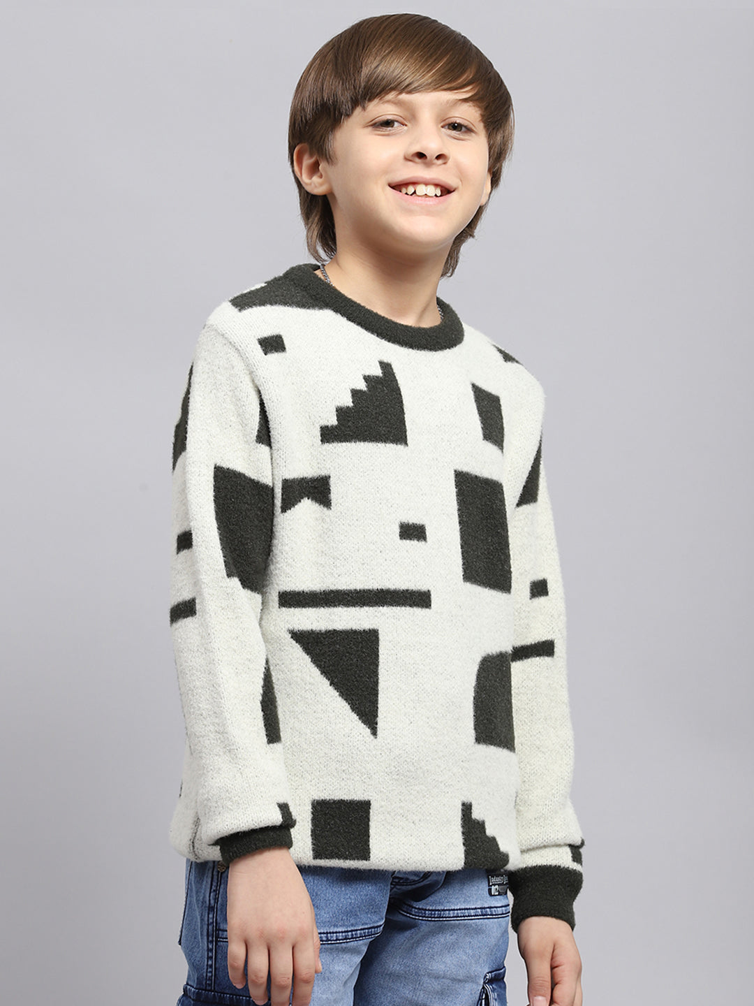 Boys White & Olive Printed Round Neck Full Sleeve Pullover