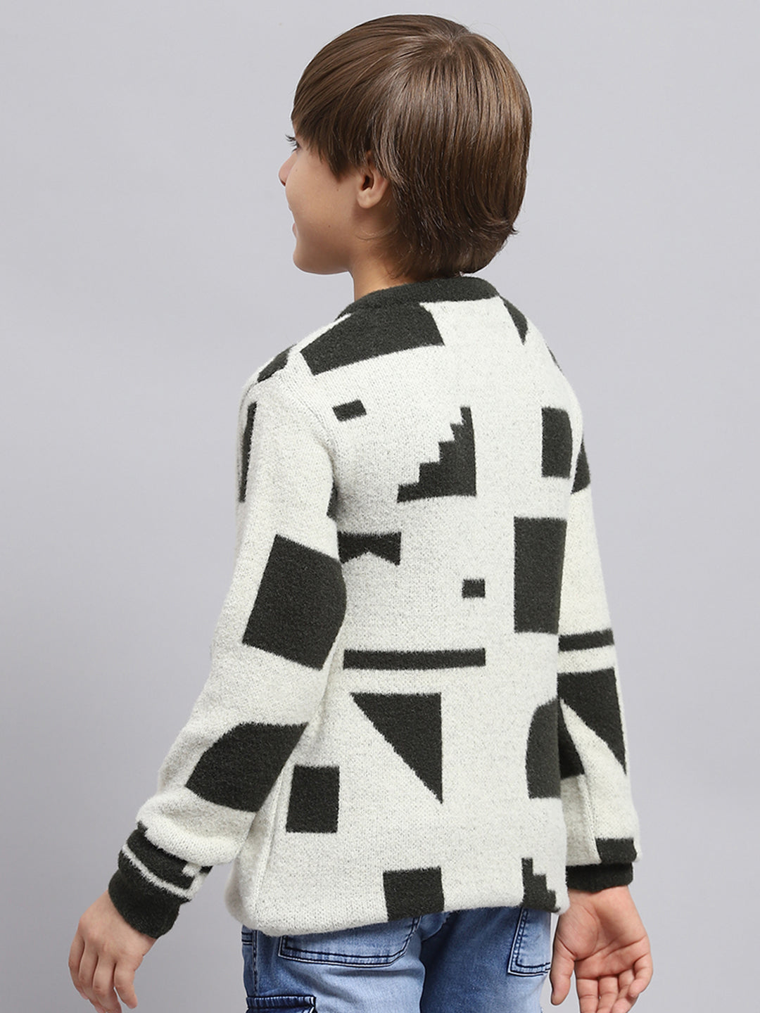 Boys White & Olive Printed Round Neck Full Sleeve Pullover