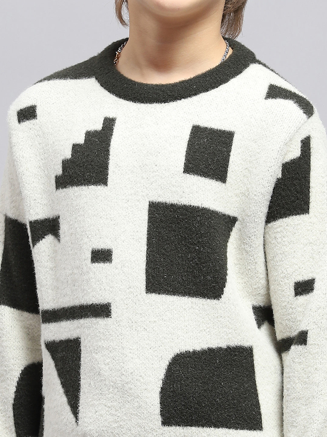 Boys White & Olive Printed Round Neck Full Sleeve Pullover