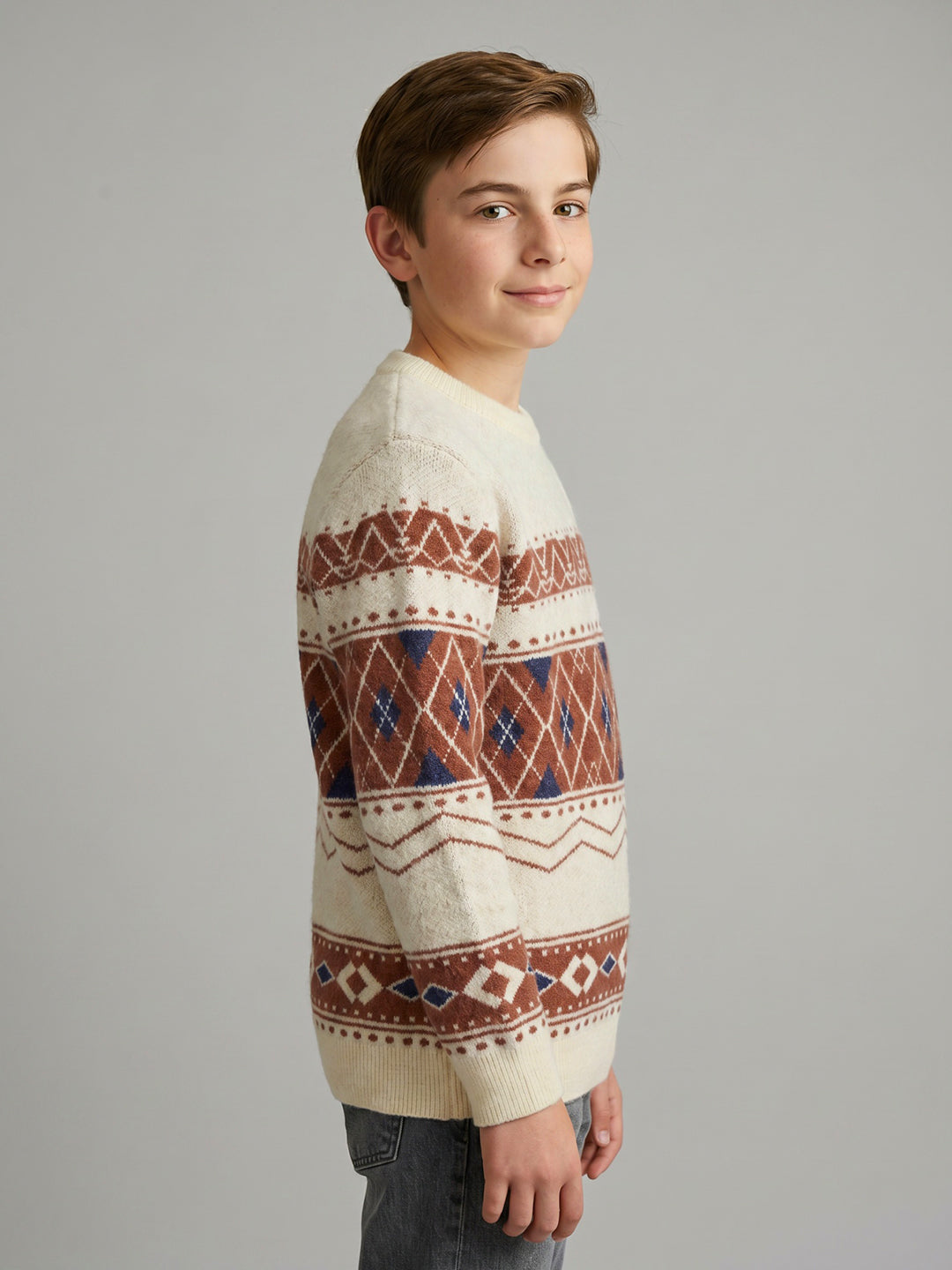 Boys White Jacquard Round Neck Full Sleeve Pullover