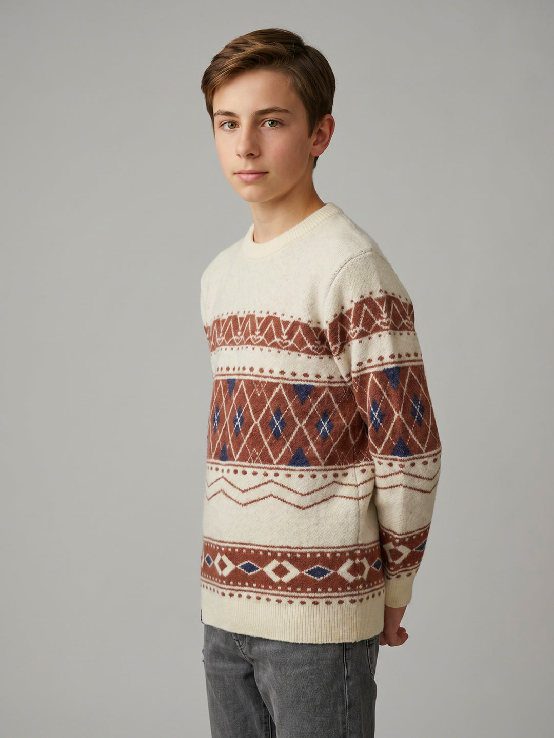 Boys White Jacquard Round Neck Full Sleeve Pullover