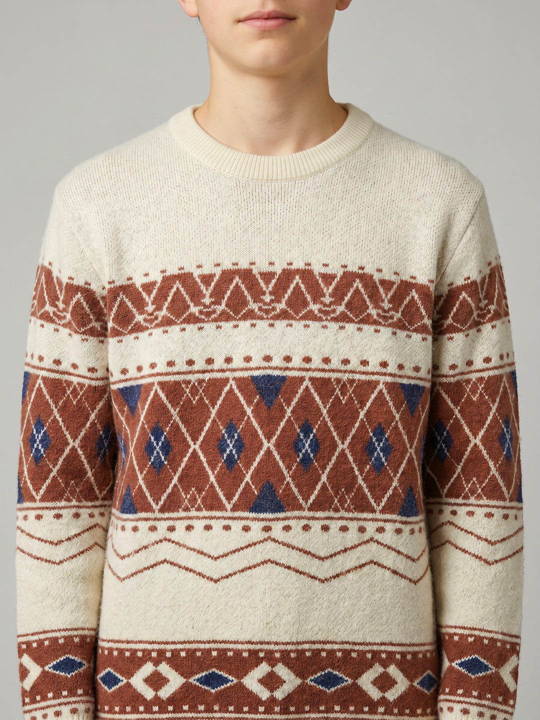Boys White Jacquard Round Neck Full Sleeve Pullover