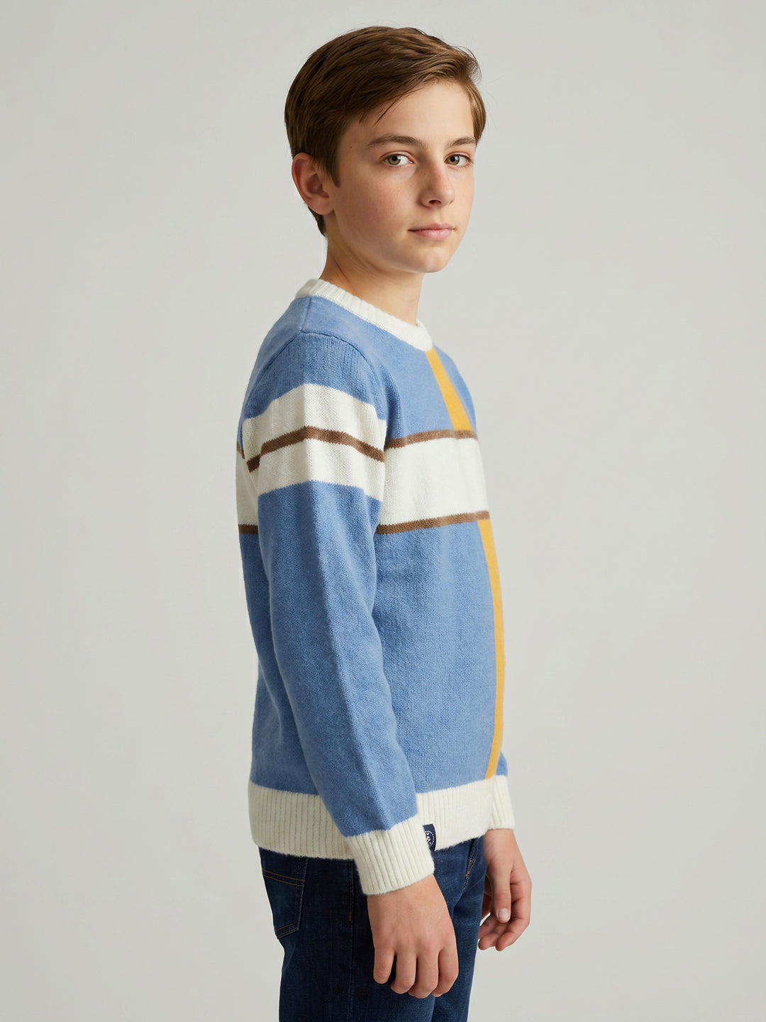 Boys Blue Stripe Round Neck Full Sleeve Pullover