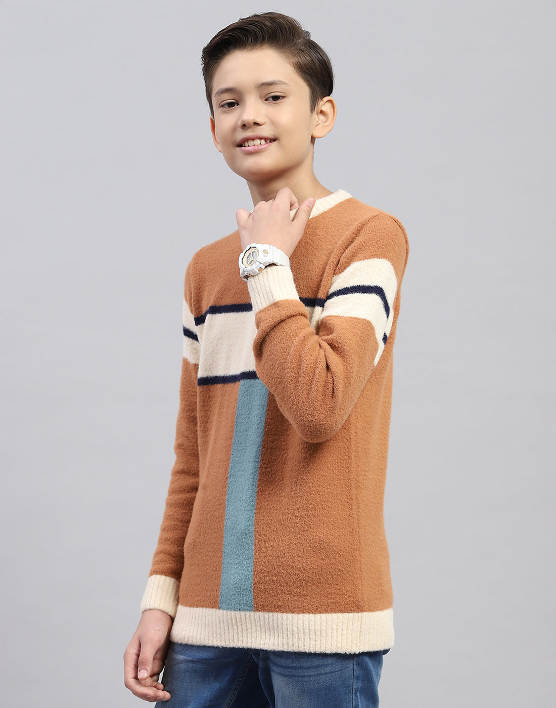 Boys Brown Stripe Round Neck Full Sleeve Pullover