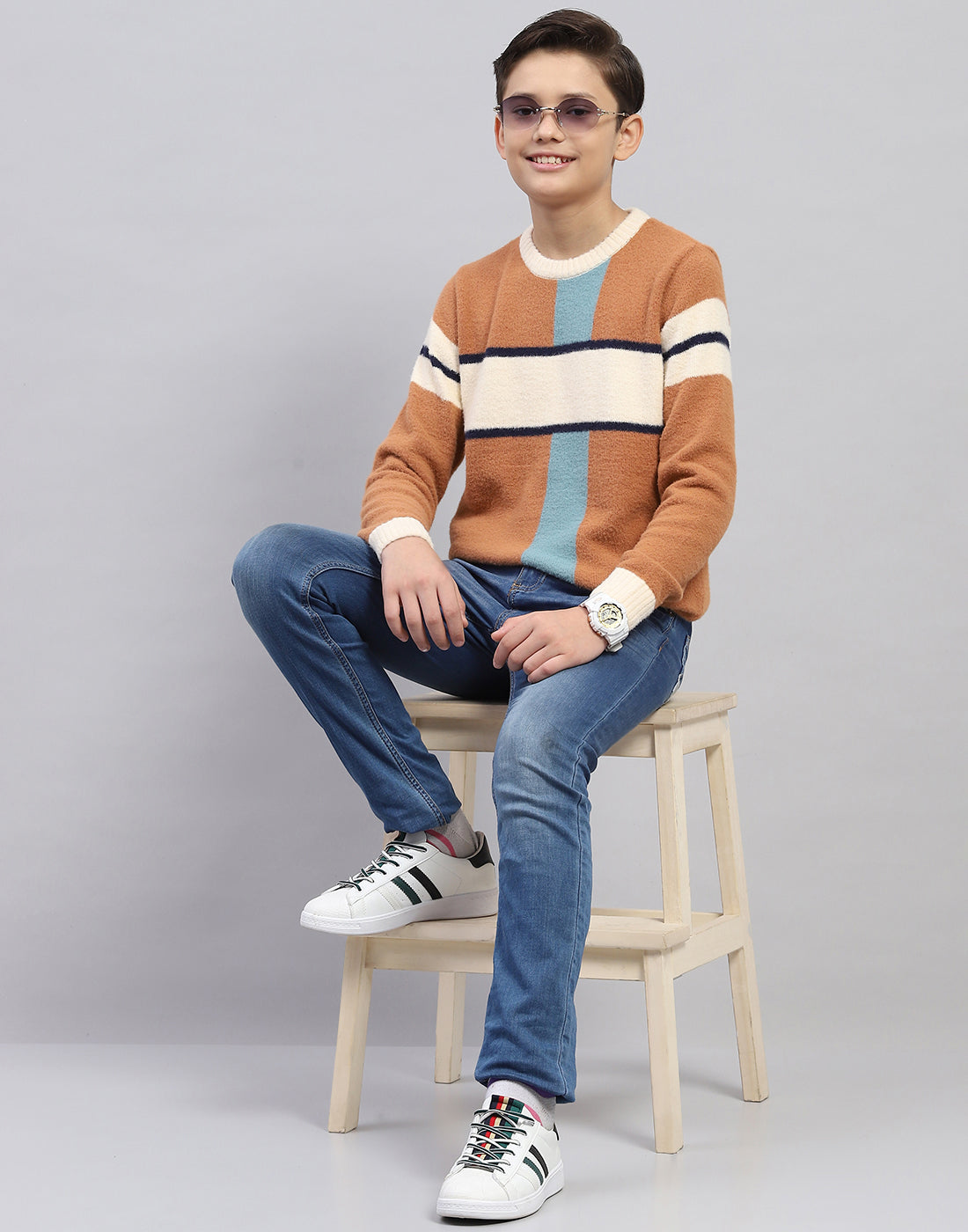 Boys Brown Stripe Round Neck Full Sleeve Pullover