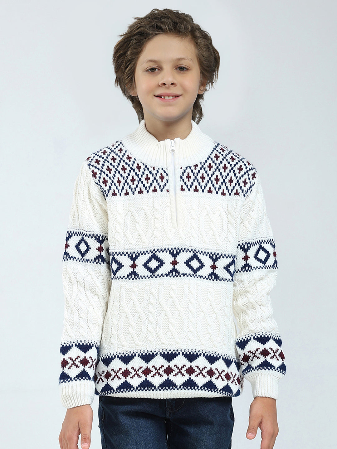 Boys White Self Design Mock Neck Full Sleeve Pullover