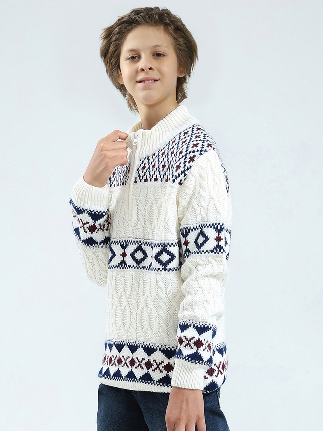 Boys White Self Design Mock Neck Full Sleeve Pullover