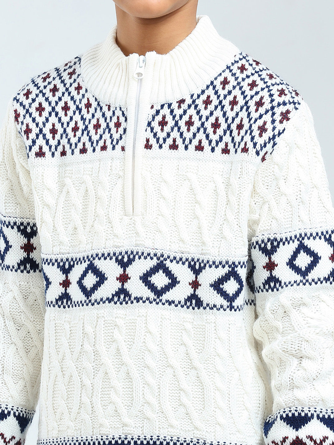 Boys White Self Design Mock Neck Full Sleeve Pullover
