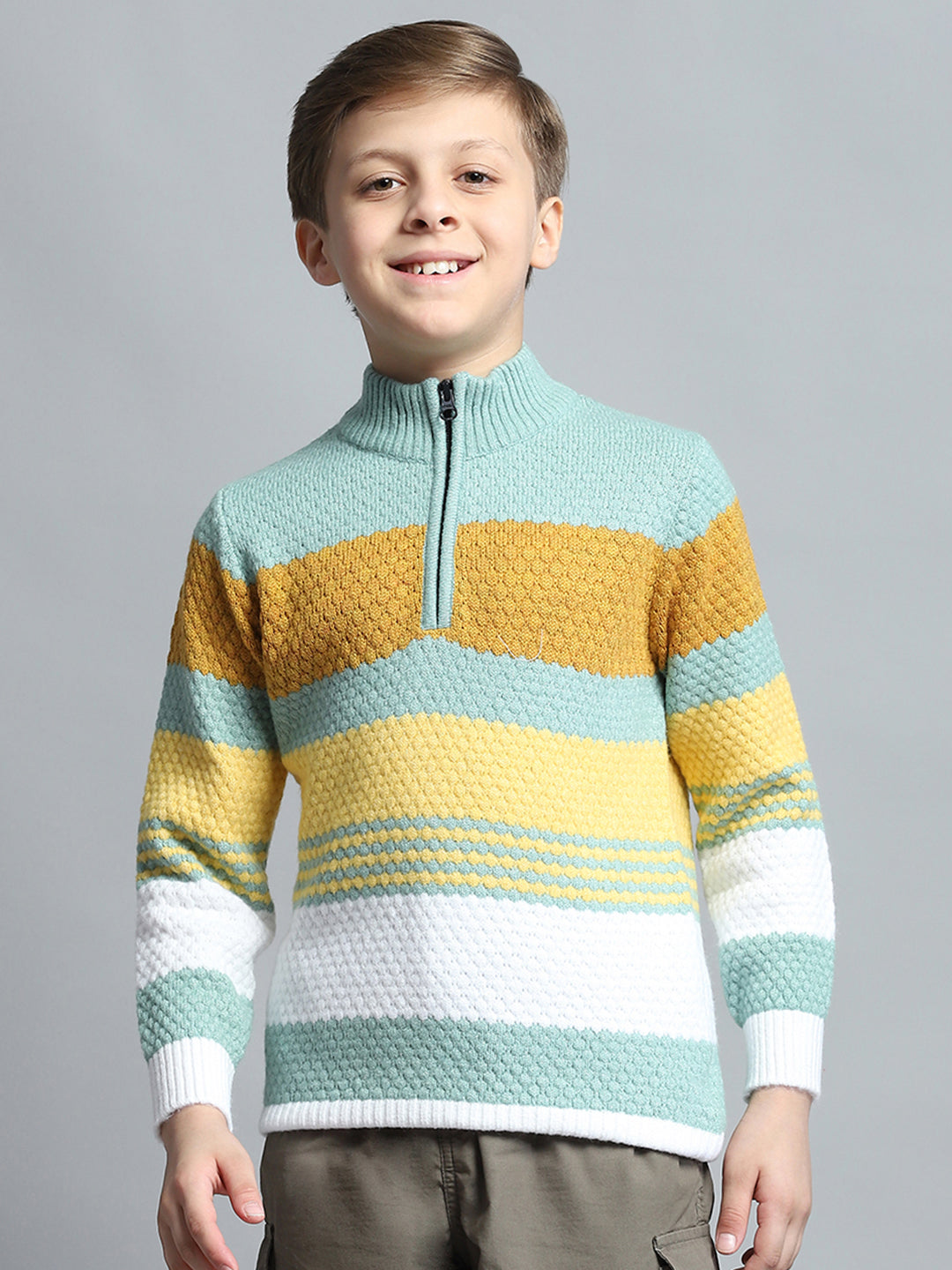 Boys Green Self Design Mock Neck Full Sleeve Pullover