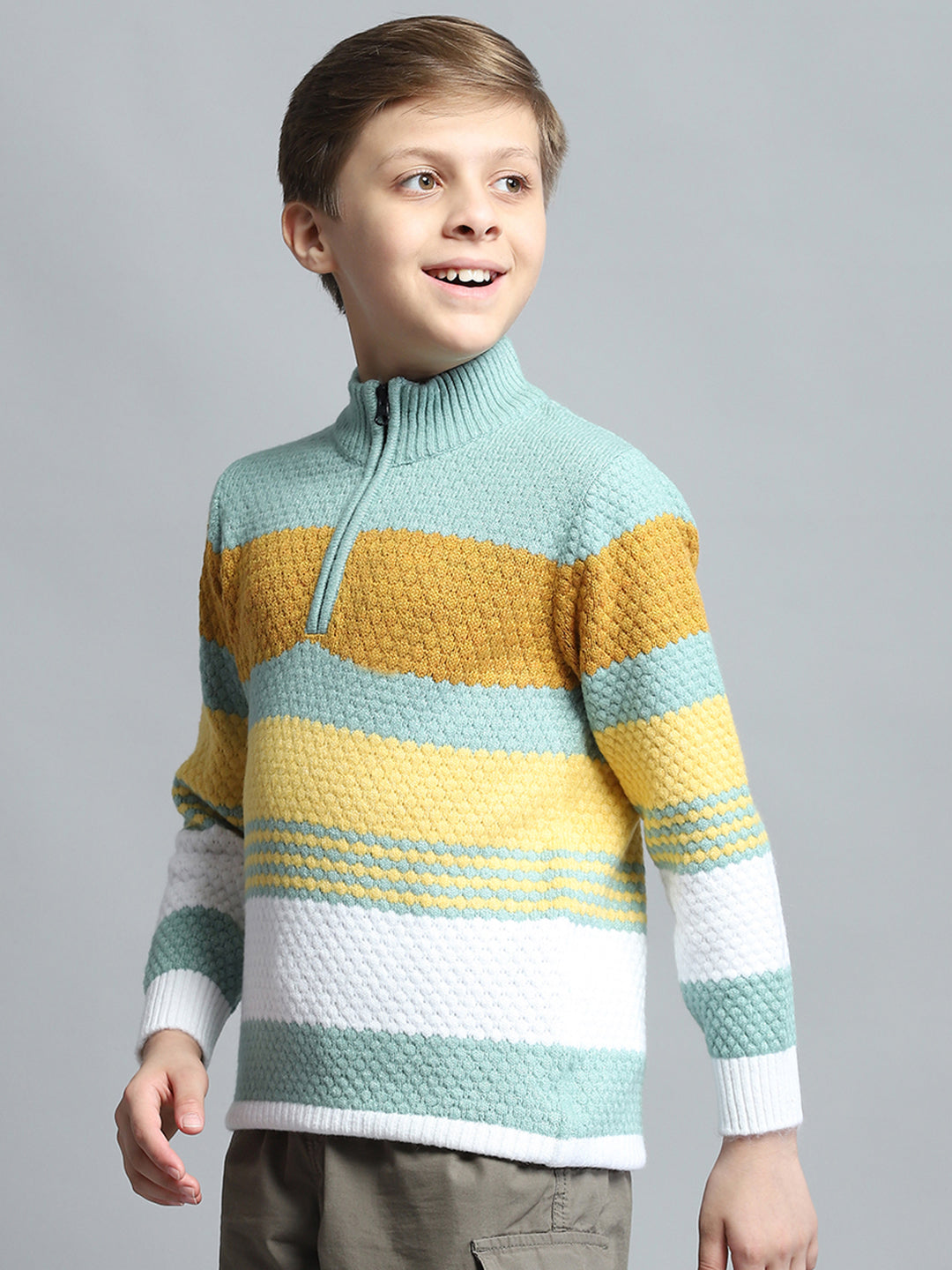 Boys Green Self Design Mock Neck Full Sleeve Pullover