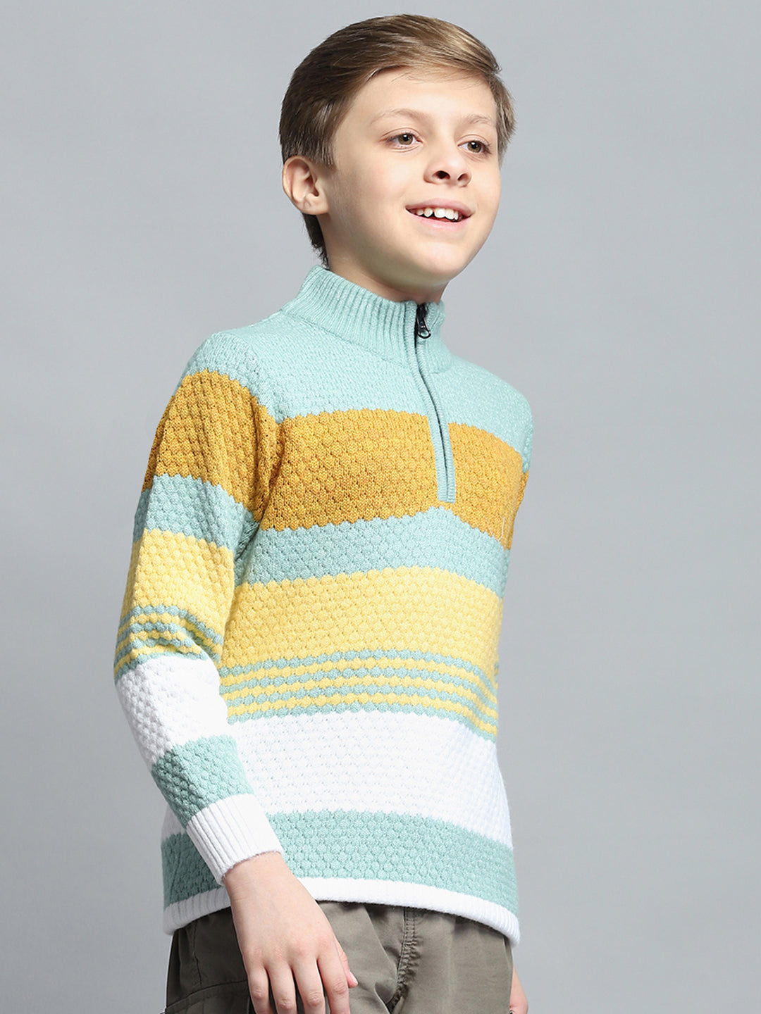 Boys Green Self Design Mock Neck Full Sleeve Pullover