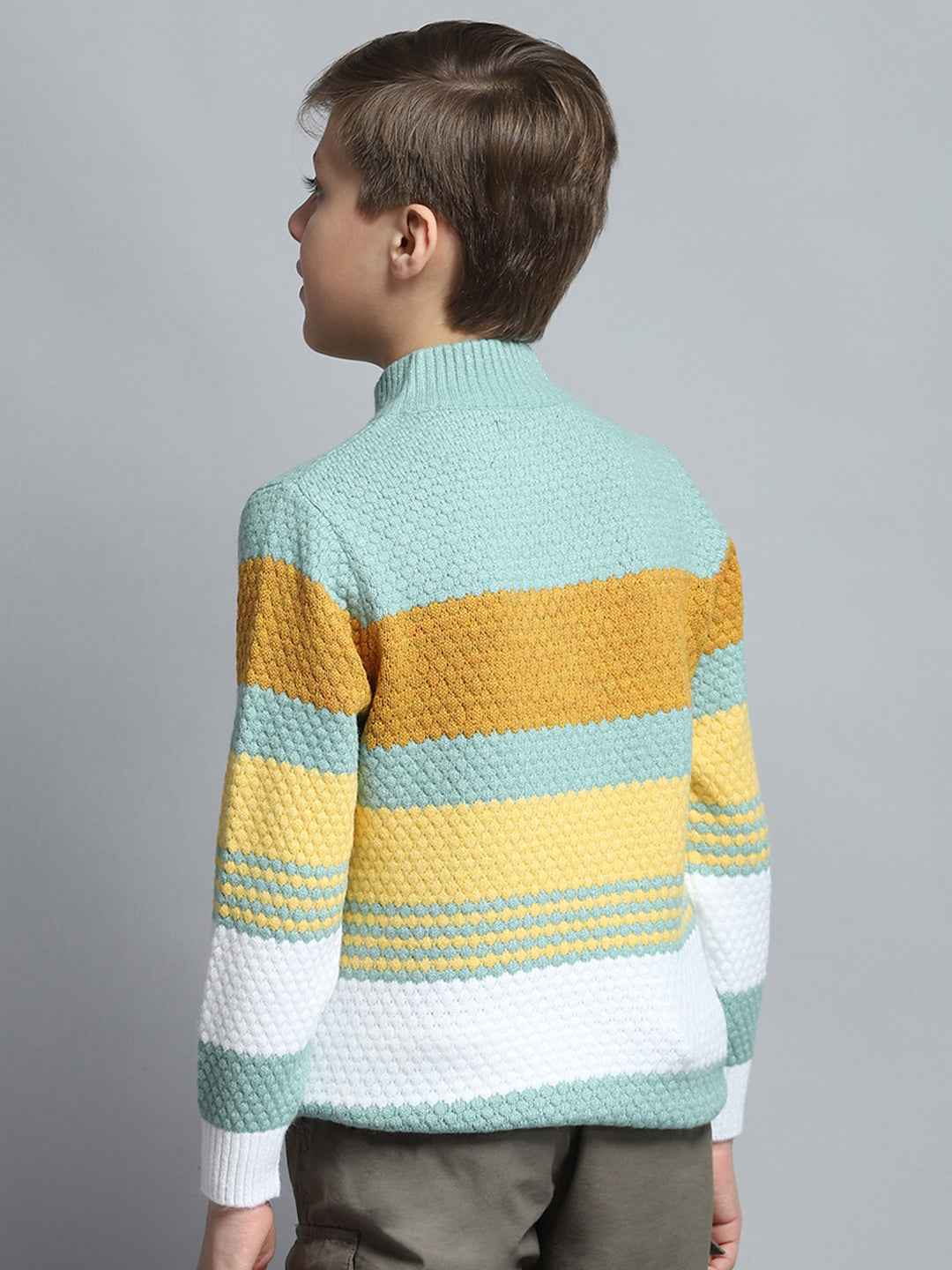 Boys Green Self Design Mock Neck Full Sleeve Pullover