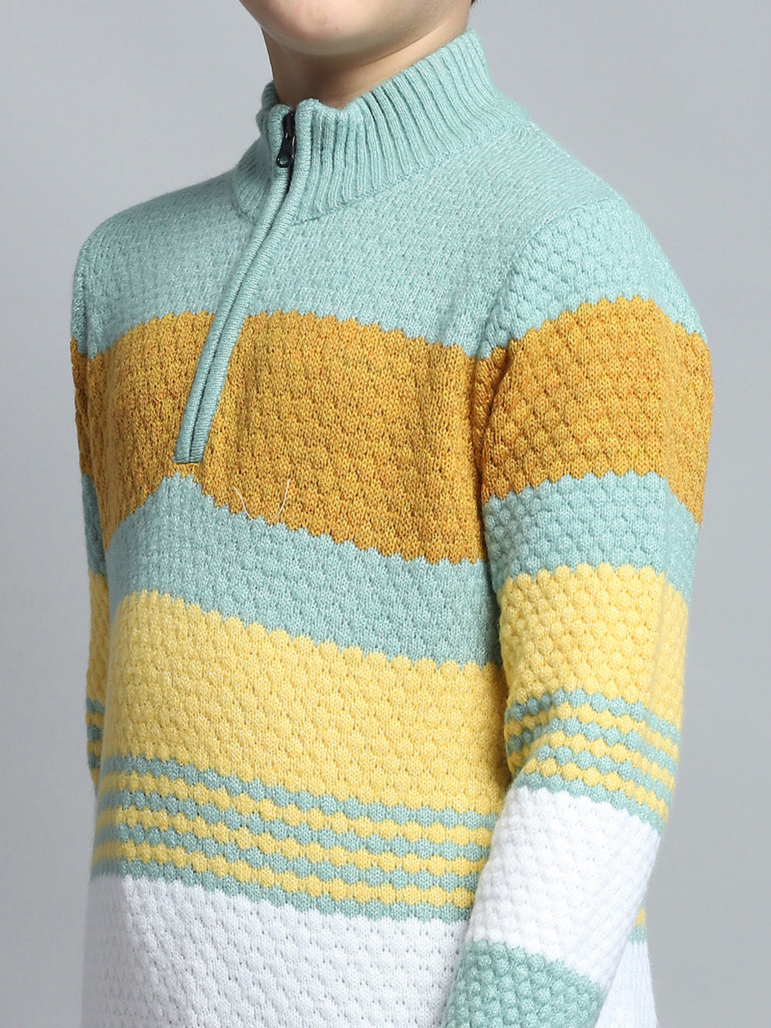 Boys Green Self Design Mock Neck Full Sleeve Pullover