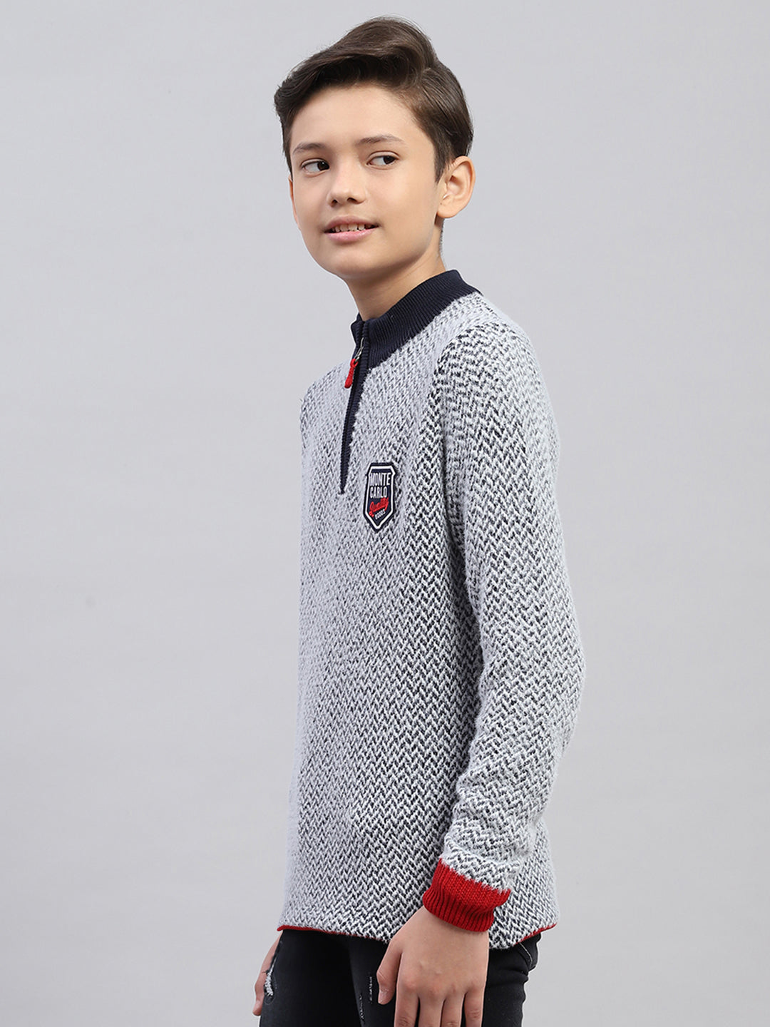 Boys Navy Blue Zig-Zag Mock Neck Full Sleeve Pullover
