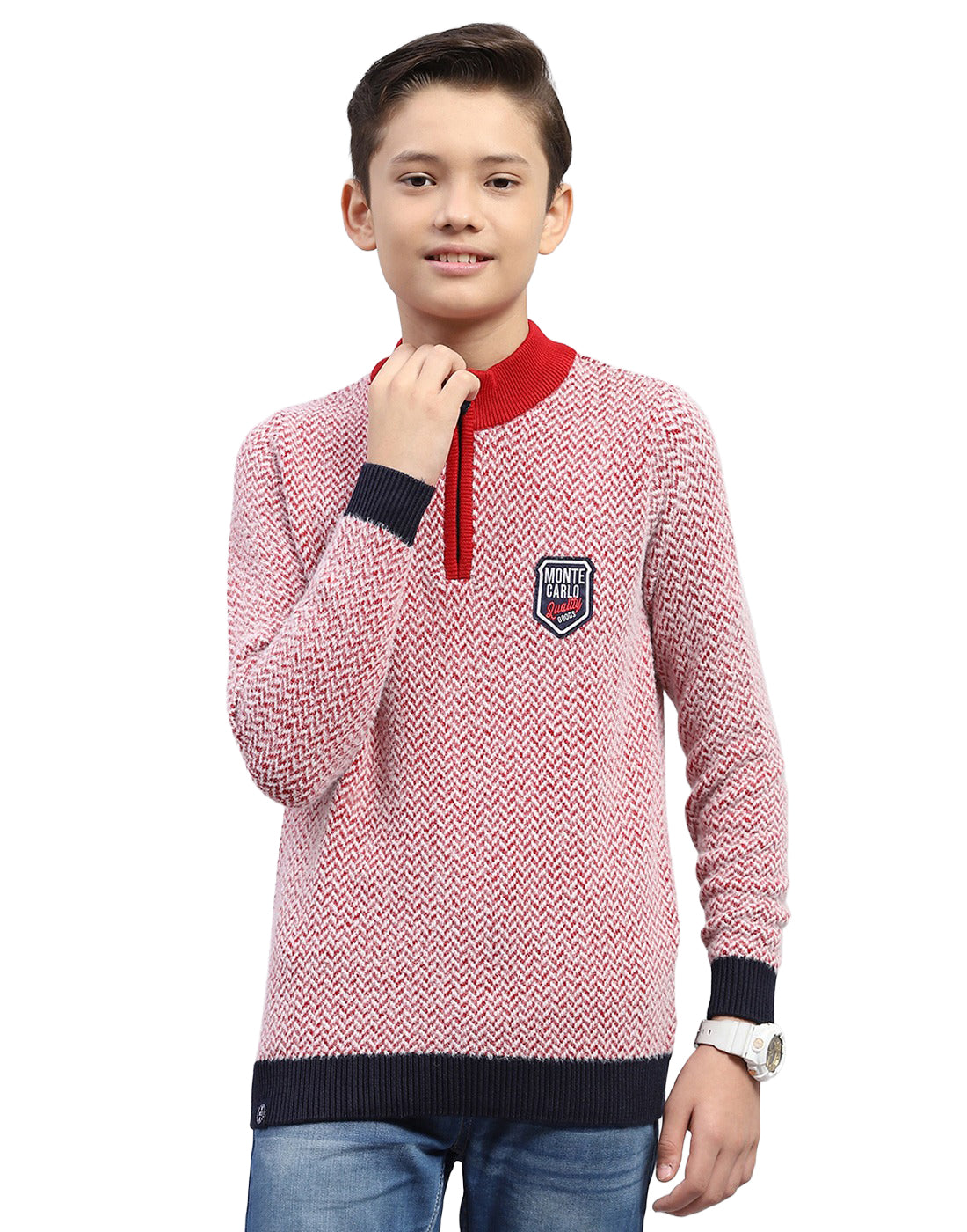 Boys Red Zig-Zag Mock Neck Full Sleeve Pullover