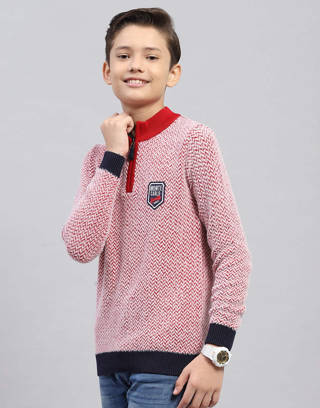 Boys Red Zig-Zag Mock Neck Full Sleeve Pullover