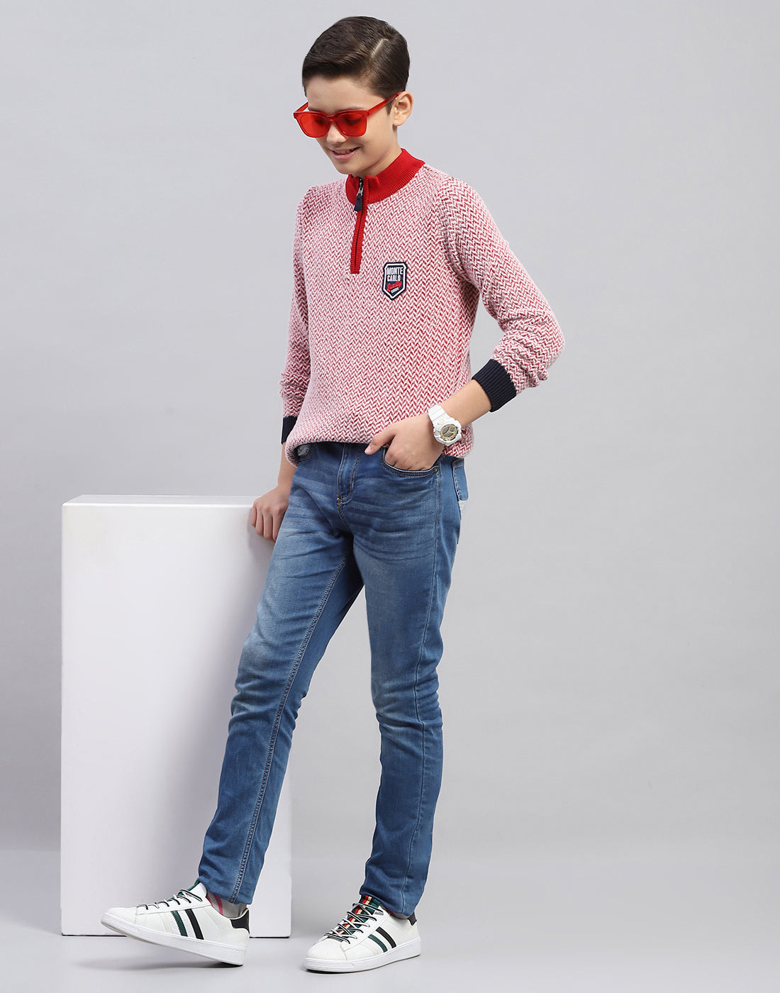 Boys Red Zig-Zag Mock Neck Full Sleeve Pullover