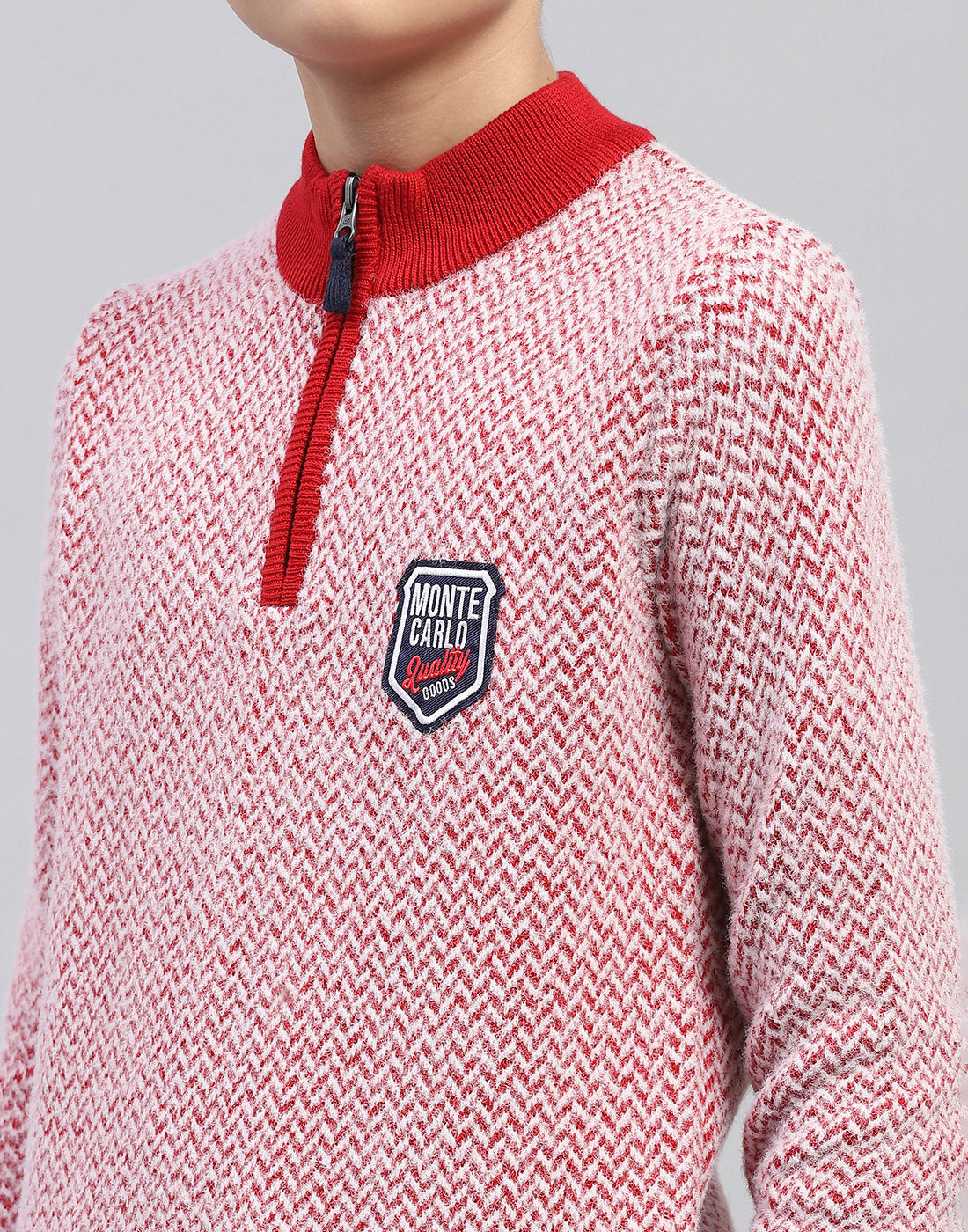 Boys Red Zig-Zag Mock Neck Full Sleeve Pullover