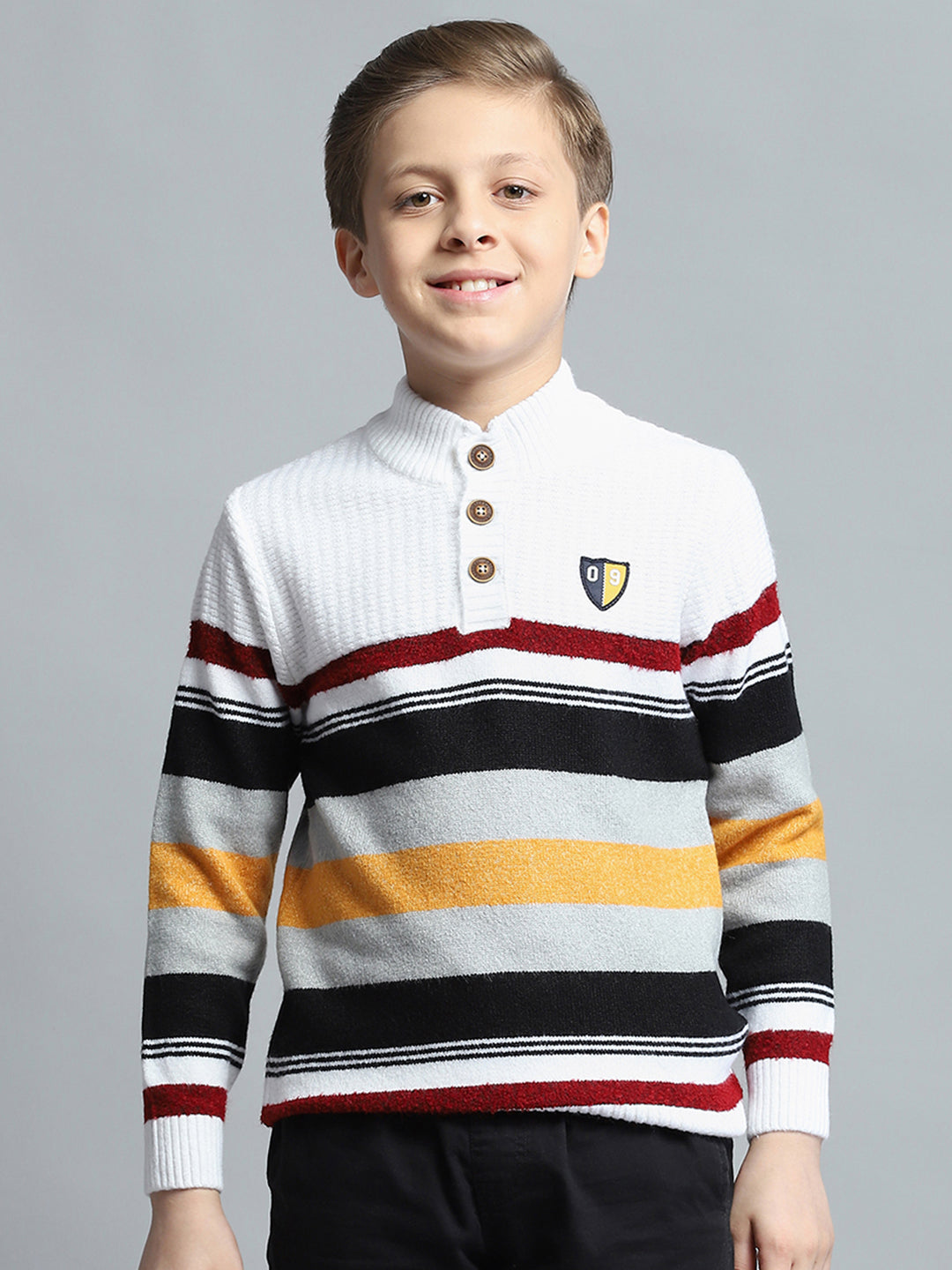 Boys Off White Self Design Mock Neck Full Sleeve Pullover