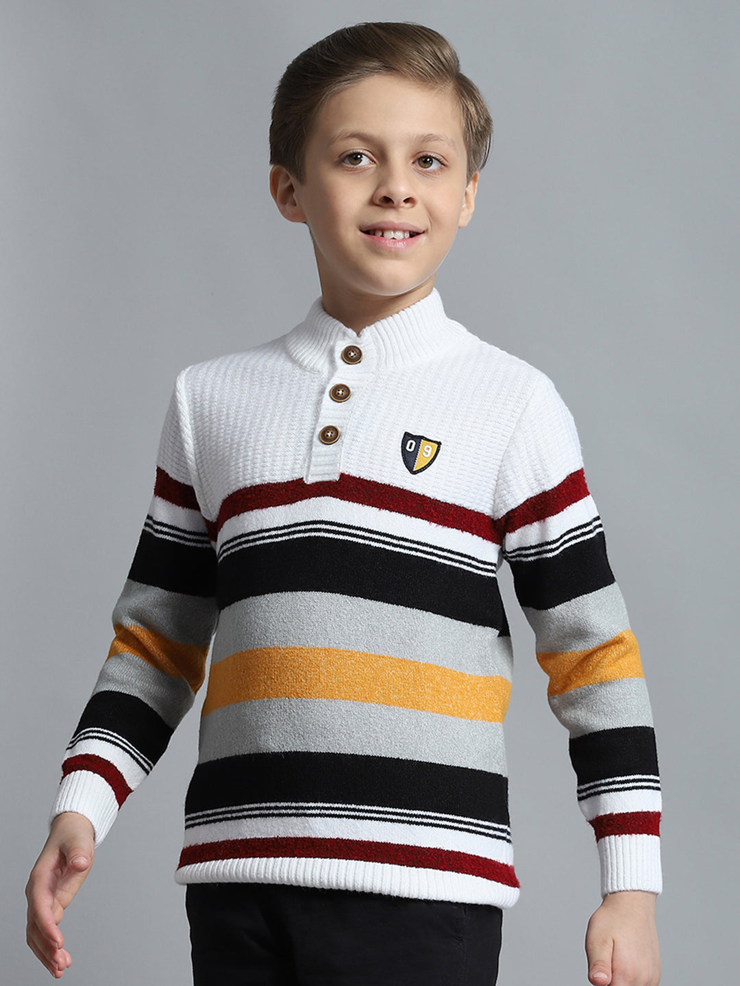 Boys Off White Self Design Mock Neck Full Sleeve Pullover
