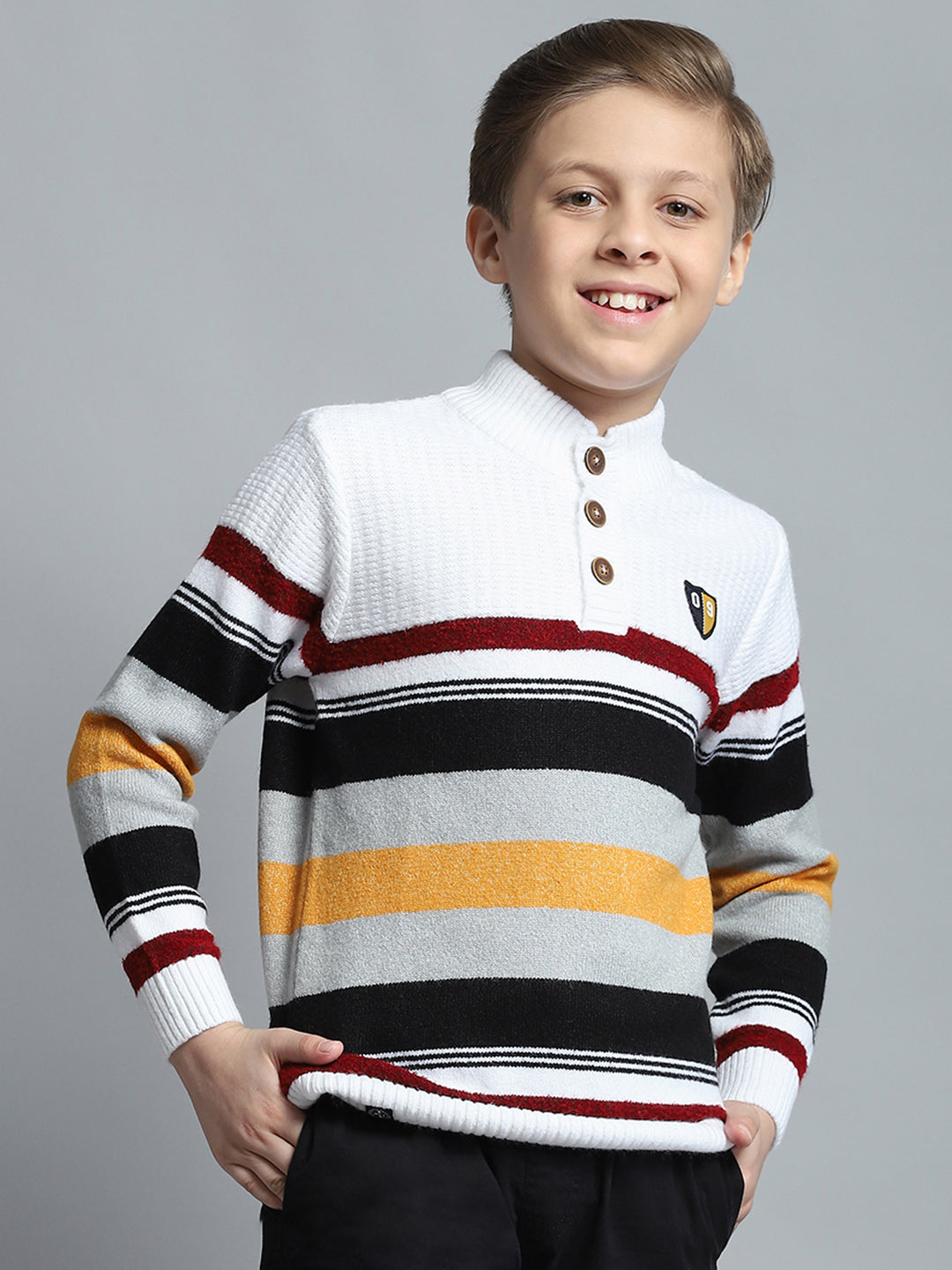Boys Off White Self Design Mock Neck Full Sleeve Pullover
