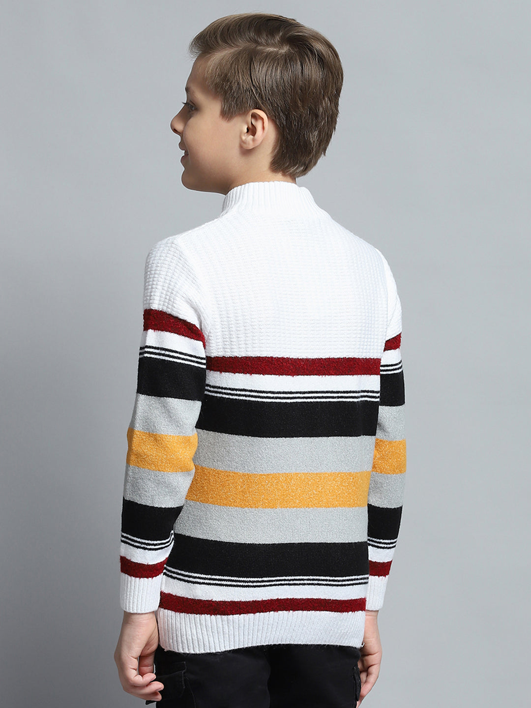 Boys Off White Self Design Mock Neck Full Sleeve Pullover