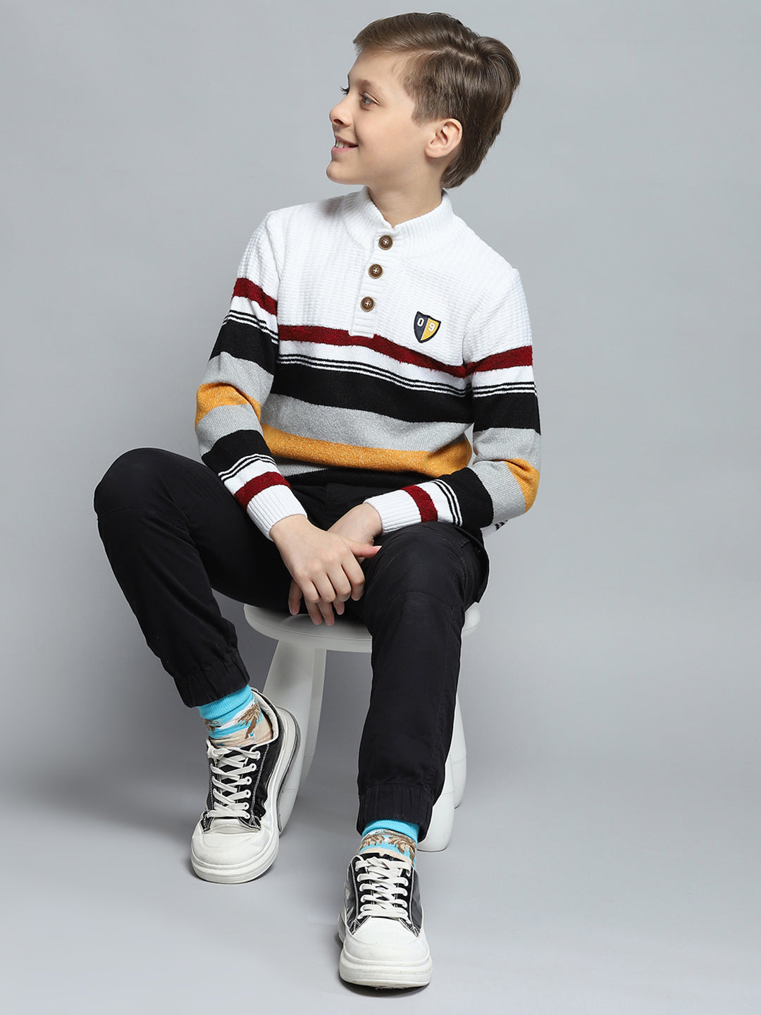 Boys Off White Self Design Mock Neck Full Sleeve Pullover